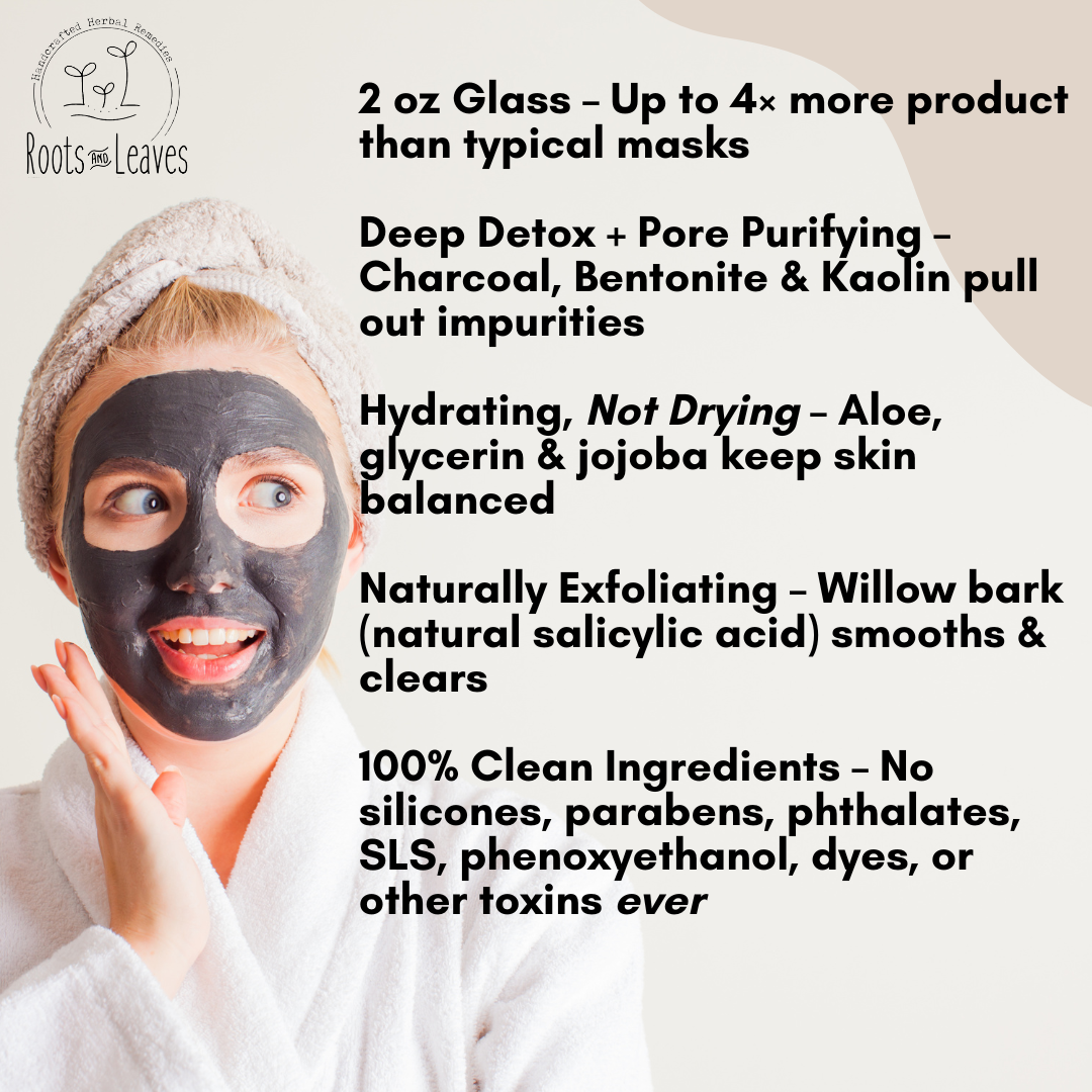 Close-up of Roots and Leaves LLC Charcoal Detox Face Mask application on skin, showing the mask's dark, charcoal texture on a person's face.