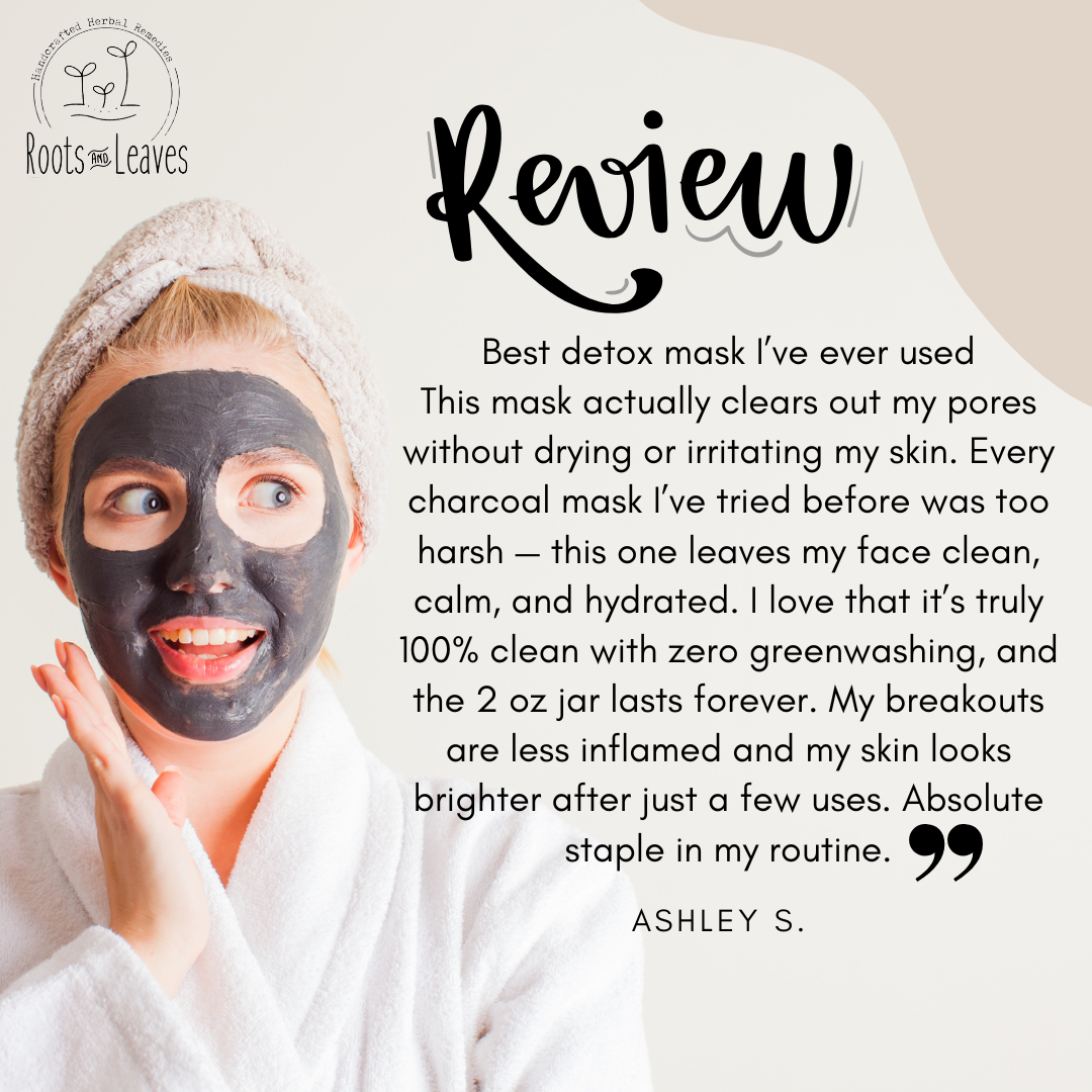 Roots and Leaves LLC charcoal detox face mask applied on skin, showing its dark clay texture and application process.