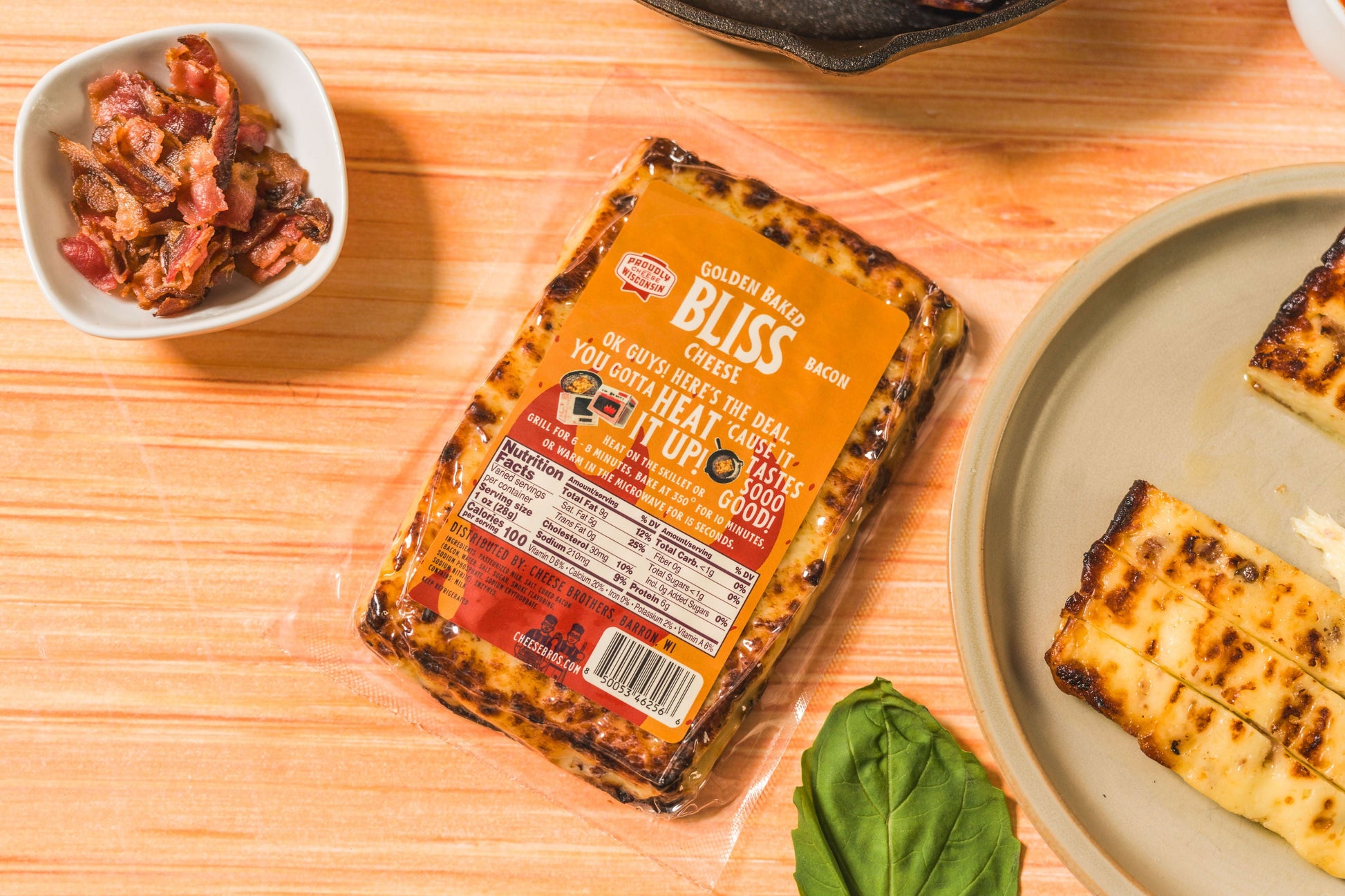 Baked cheese pack with bacon flavor from Cheese Brothers Inc., showcasing golden baked cheese slices on a white plate.