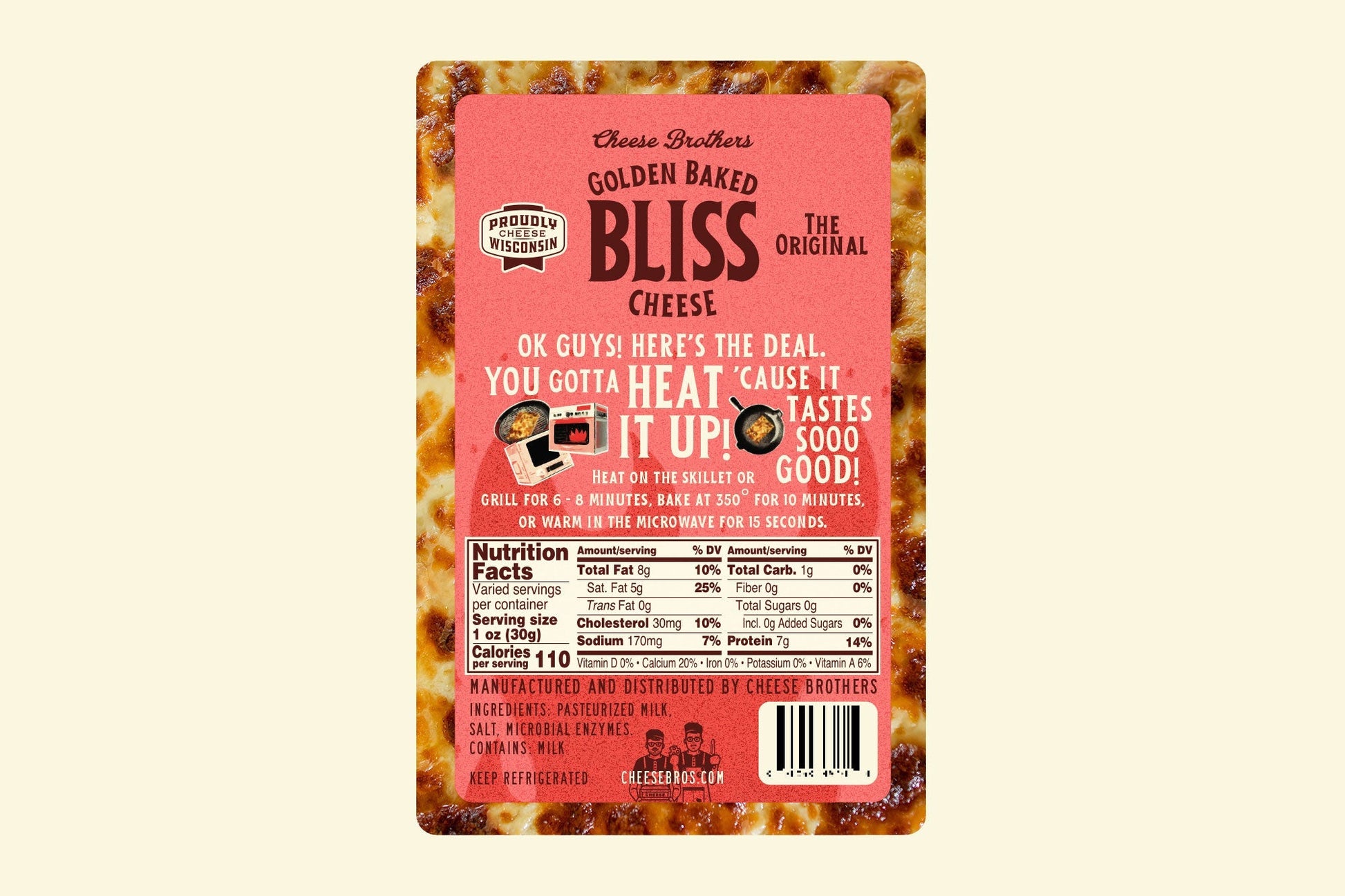 Golden Baked Bliss Cheese from Cheese Brothers Inc., baked cheese slices on a plate with a golden crust.