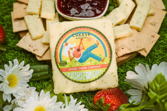 Slices of Cheese Brothers Inc. Fields Forever Green Onion Cheddar cheese, showcasing creamy cheddar with fresh green onion bits.