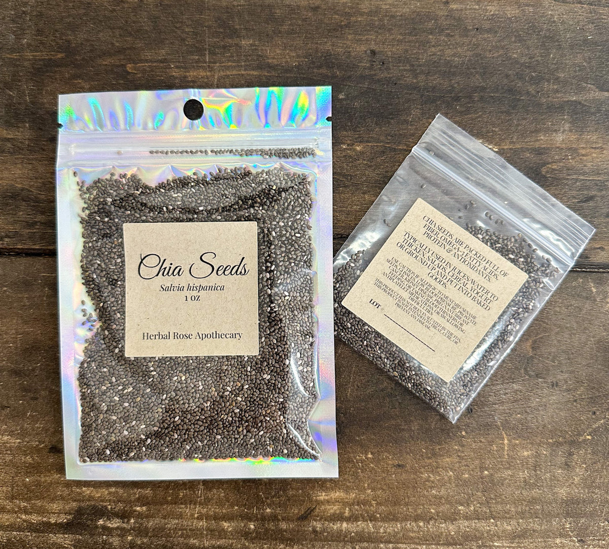 Dried chia seeds in a jar, HerbalRoseApothecary brand, showing small oval seeds with a light tan color.
