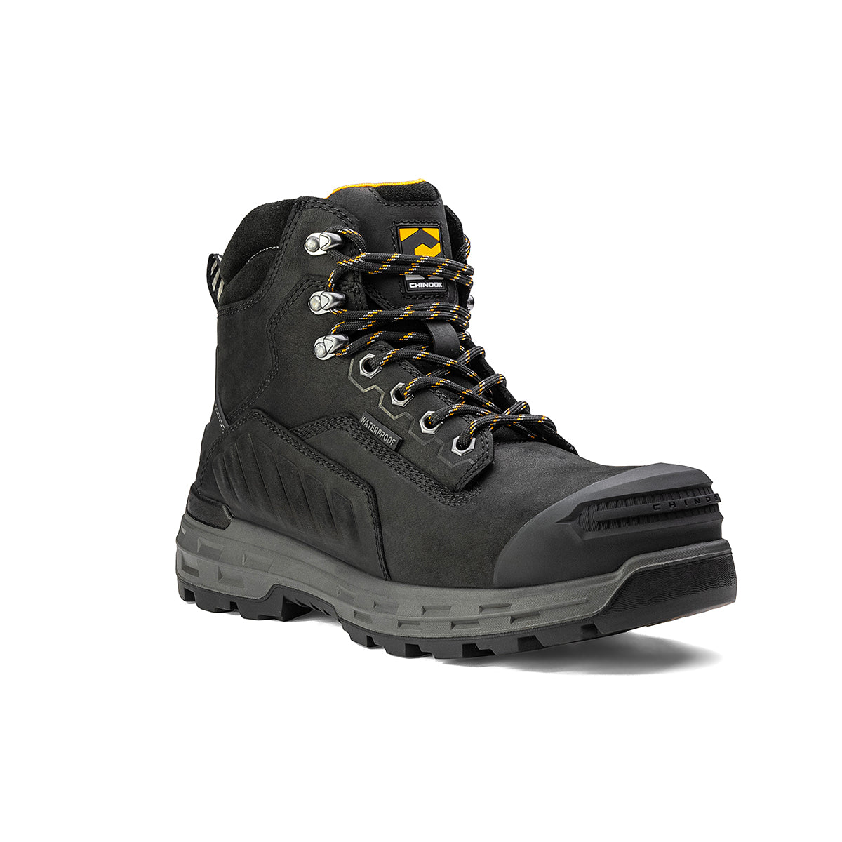 Black Wildwood 6-inch waterproof composite toe work boot by Chinook® Footwear, made in the USA, with sturdy design and safety features.