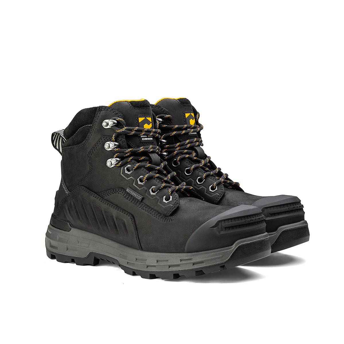 Black Wildwood 6-inch waterproof composite toe work boot by Chinook® Footwear, made in the USA, shown with rugged design and safety toe.