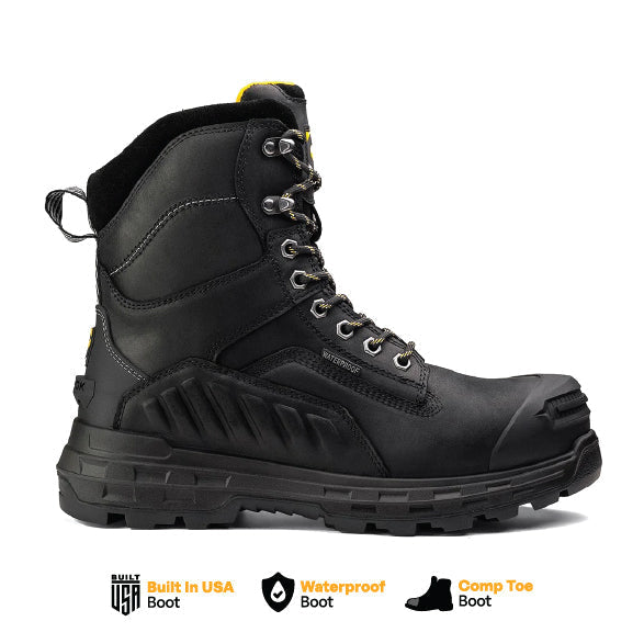 Chinook Wildwood 8-inch waterproof composite toe black work boot with rugged sole, made in the USA