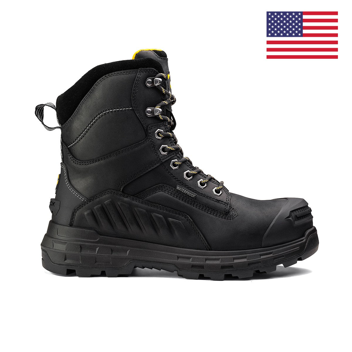 Chinook Wildwood 8-inch waterproof composite toe black work boot, made in the USA, with sturdy leather construction and slip-resistant sole.