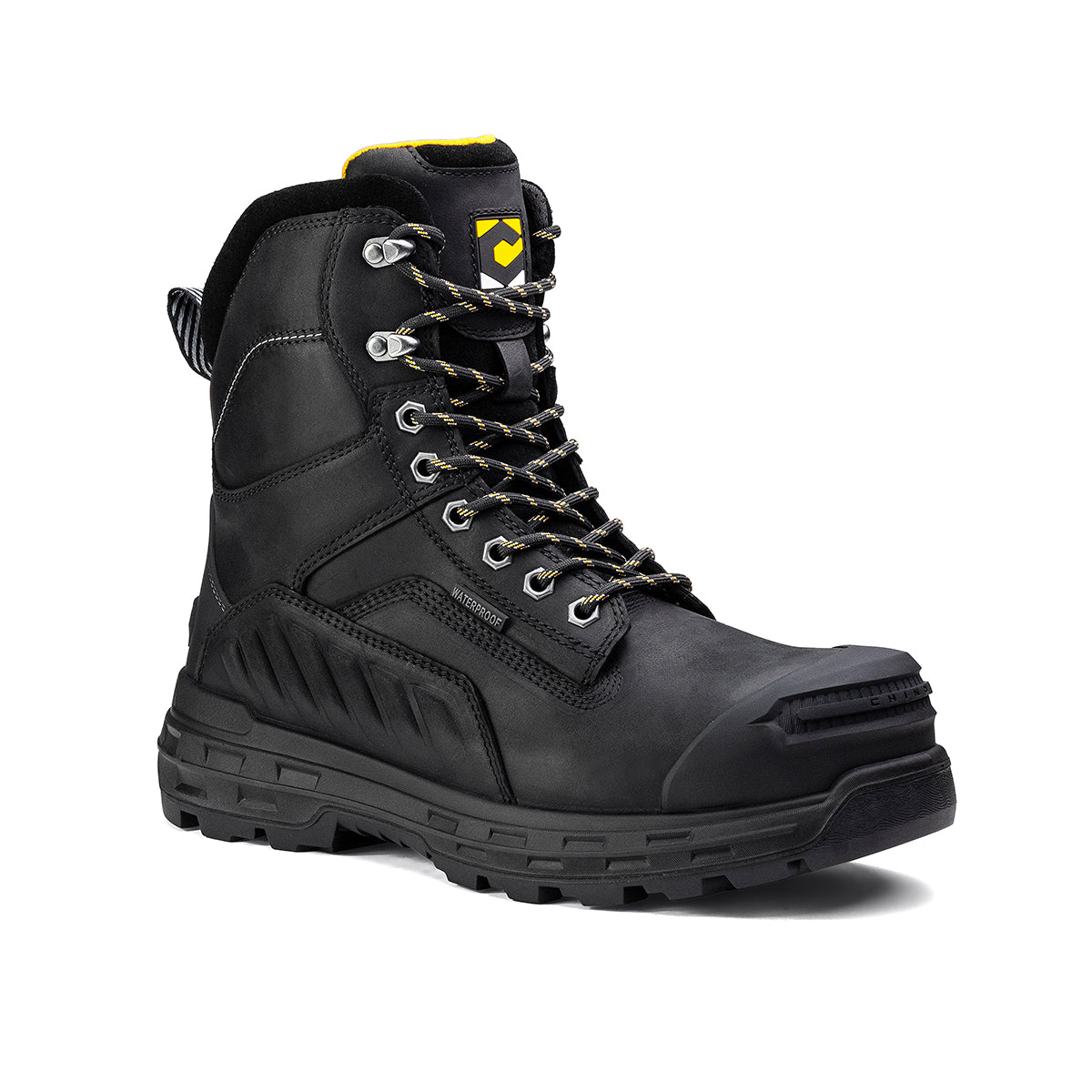 Chinook Wildwood 8-inch waterproof composite toe black work boot, made in the USA, with sturdy leather and rugged sole.