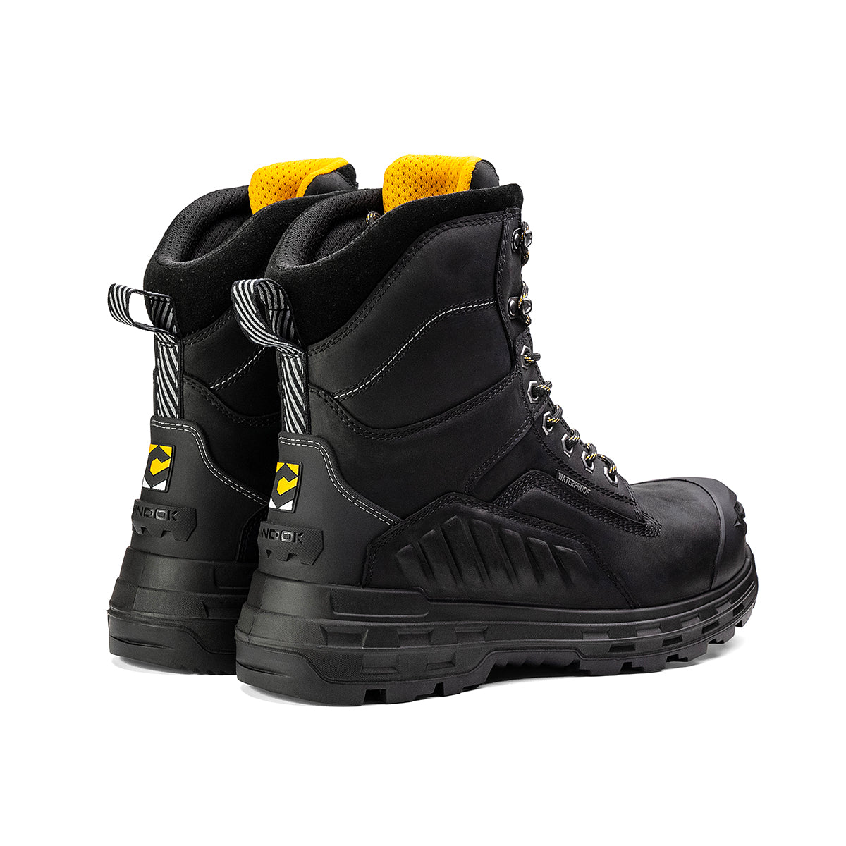 Chinook Wildwood 8-inch waterproof black composite toe work boot, made in USA, featuring sturdy leather construction and slip-resistant sole.