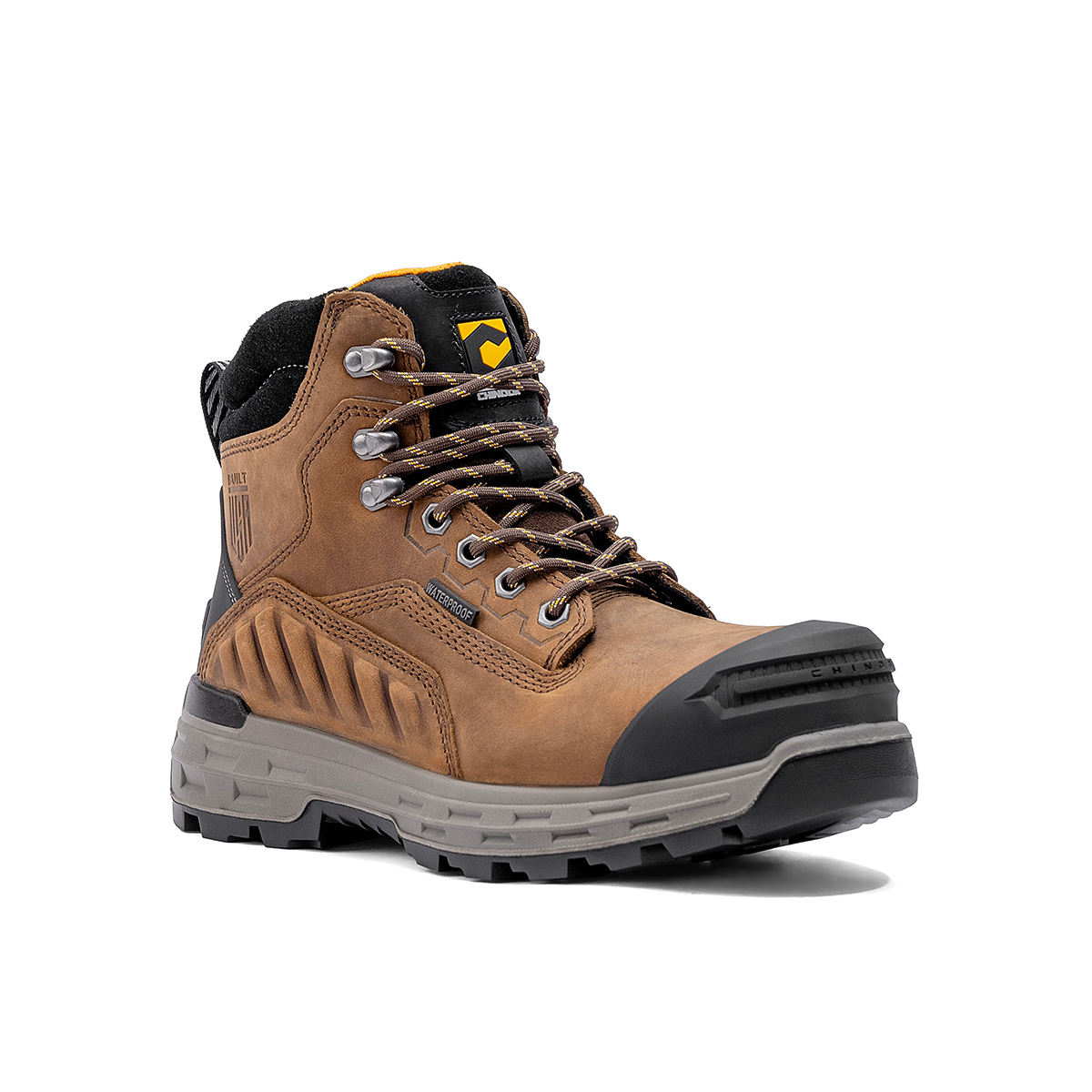 Chinook Wildwood 6-inch waterproof brown composite toe boot, made in USA, with rugged leather exterior and sturdy sole.
