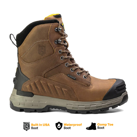Chinook Wildwood 8-inch waterproof brown composite toe work boot with rugged leather and sturdy sole, made in the USA.