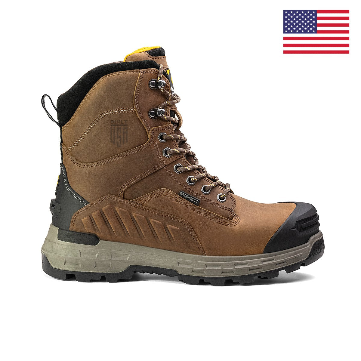 Chinook Wildwood 8-inch waterproof composite toe brown work boot, made in the USA, with rugged leather and sturdy construction.