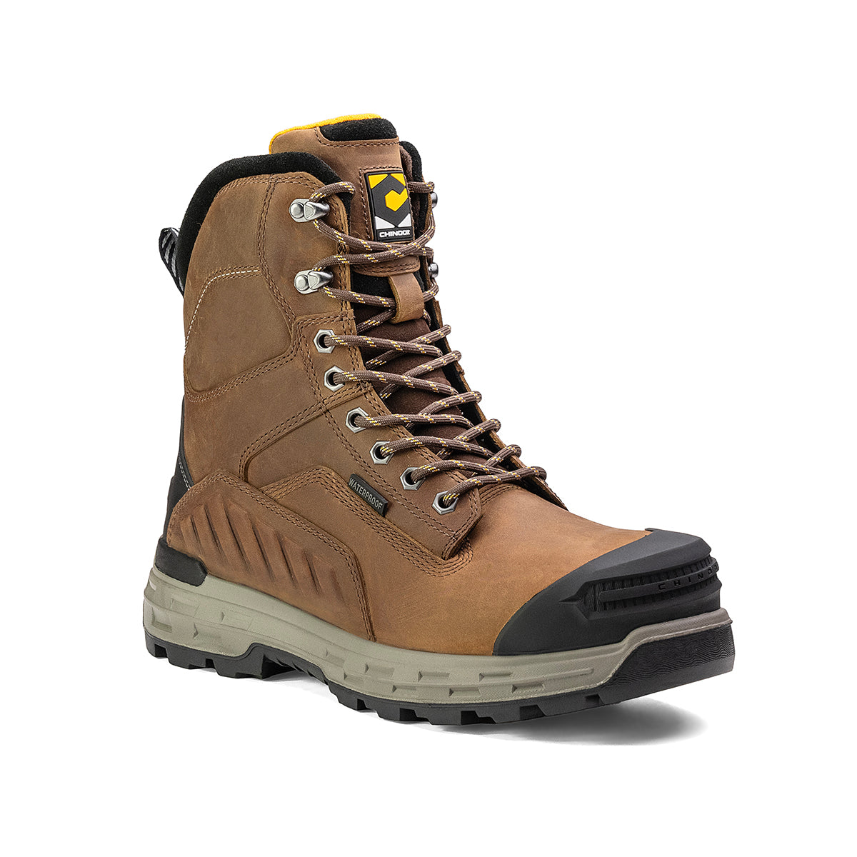 Chinook Wildwood 8-inch waterproof composite toe brown work boot with rugged leather design, made in the USA.