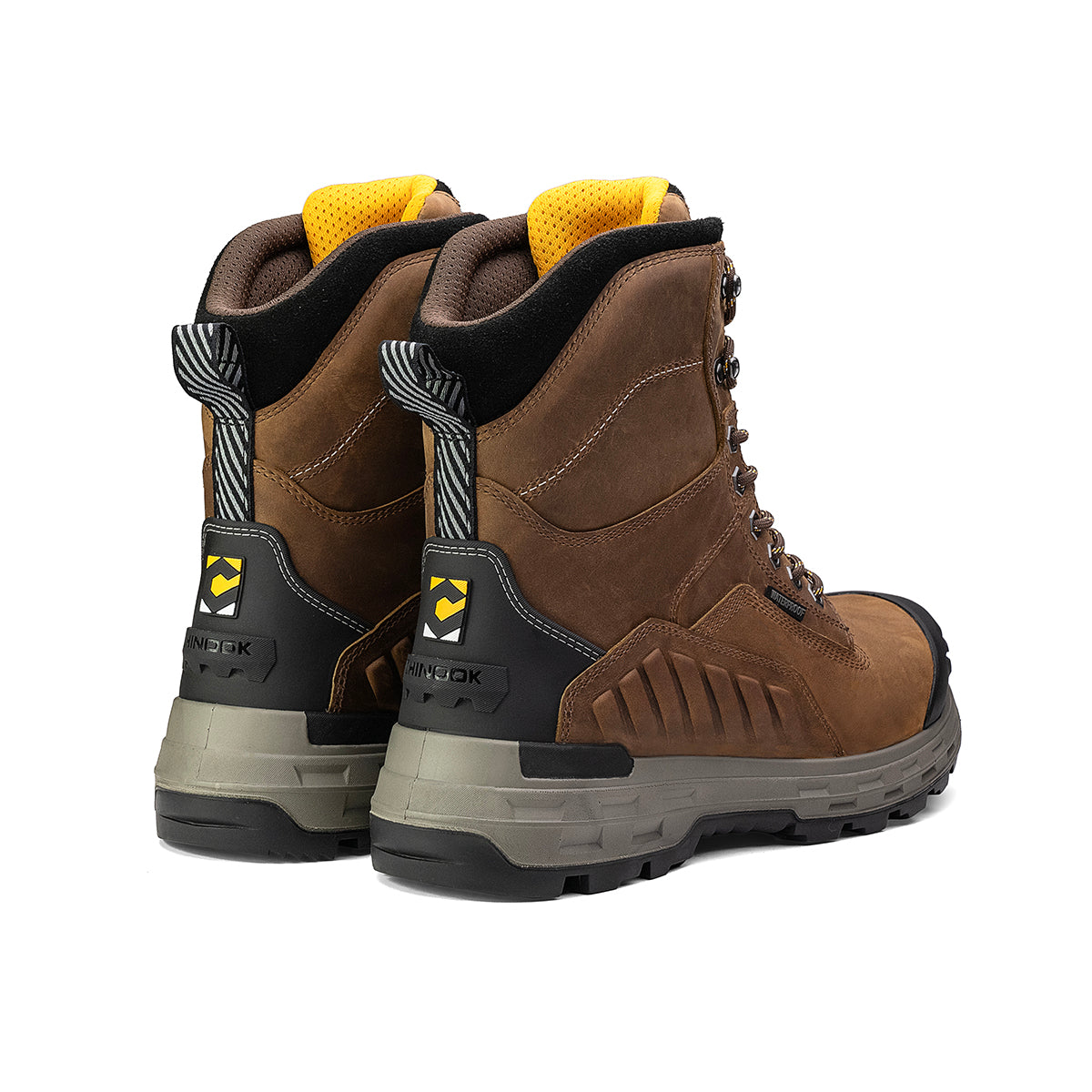 Chinook Wildwood 8-inch waterproof brown composite toe work boot with sturdy leather construction and USA-made quality