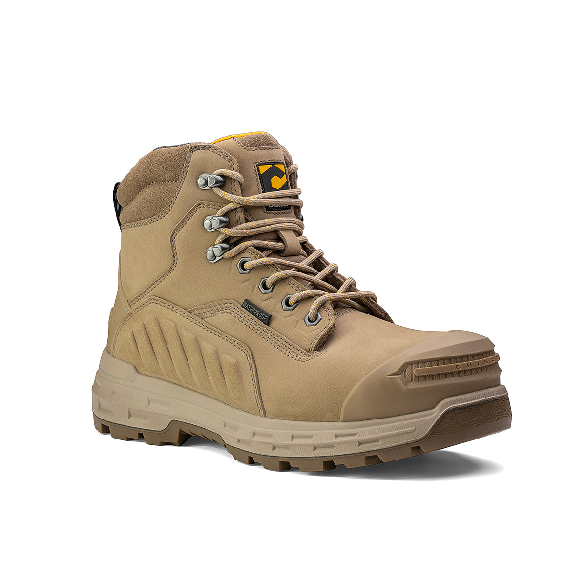 Chinook Wildwood 6-inch waterproof composite toe work boot in stone color, made in the USA, featuring rugged leather and safety toe.
