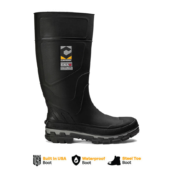 Chinook Kickaxe 15-inch black and grey waterproof steel toe rubber boot with sturdy construction for work or outdoor use.