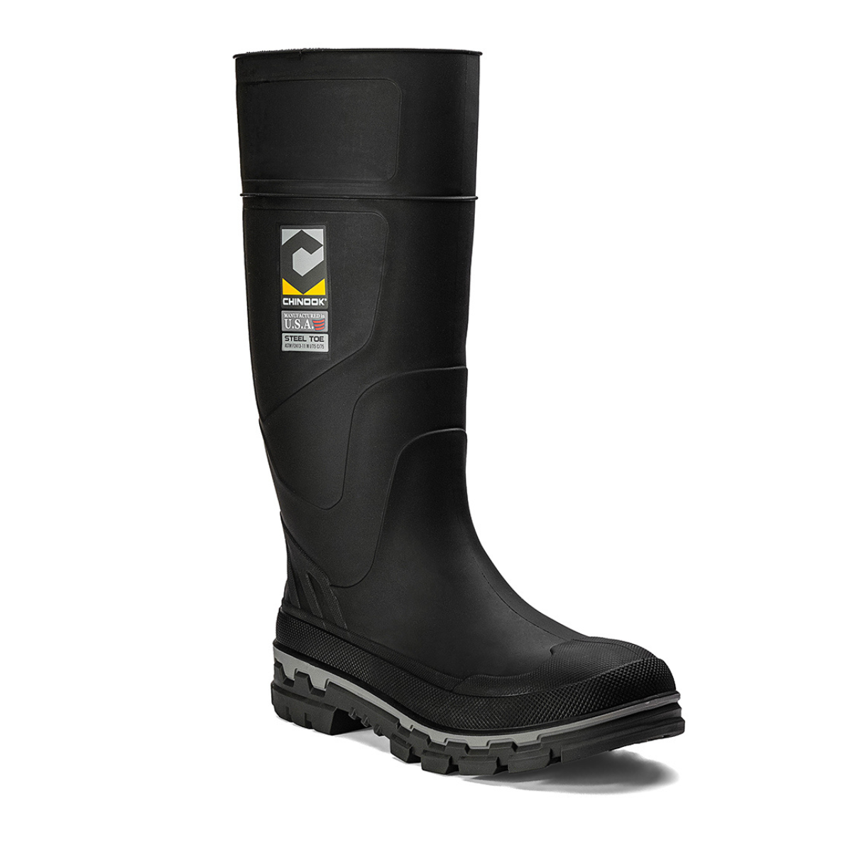Chinook Kickaxe 15-inch black and grey steel toe waterproof rubber boot, durable work footwear with sturdy sole and protective toe cap