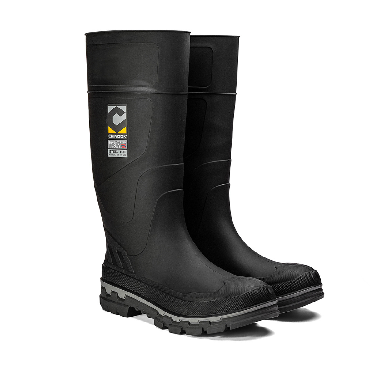 Chinook® Kickaxe 15-inch black and grey waterproof steel toe rubber boot with sturdy sole and reinforced toe for work safety.
