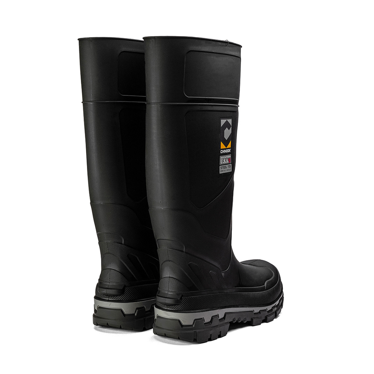 Chinook Kickaxe 15-inch black and grey steel toe waterproof rubber boot showing durable waterproof design and steel toe protection