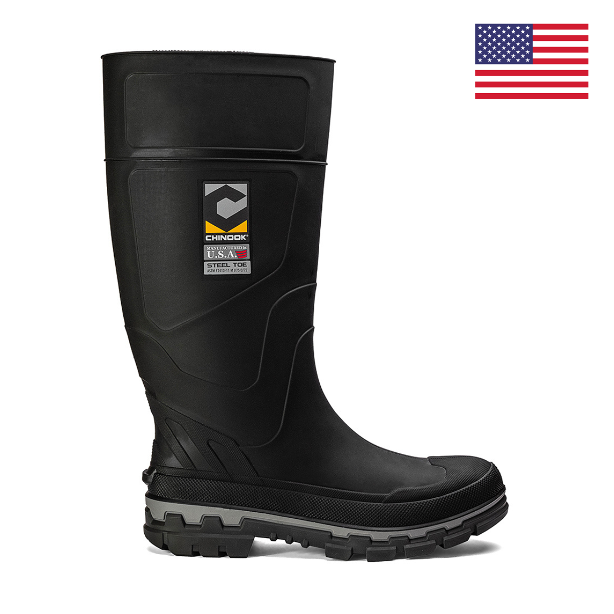 Chinook® Kickaxe 15-inch black and grey steel toe waterproof rubber boot, outdoor footwear with sturdy sole and protective toe.