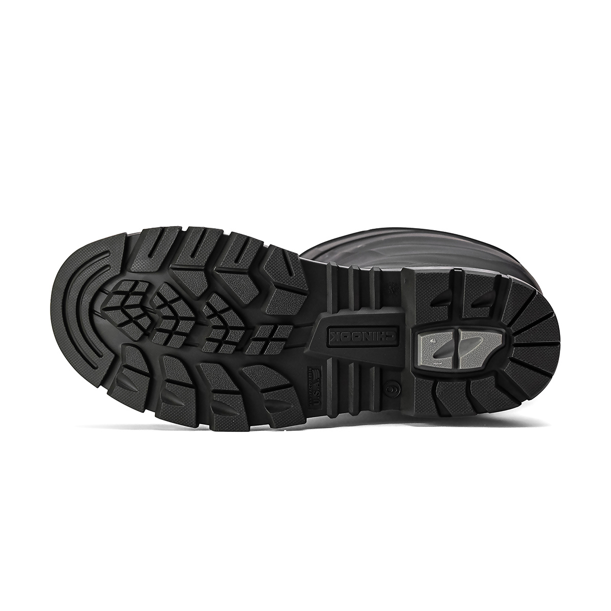 Chinook Kickaxe 15-inch black and grey waterproof steel toe rubber boot for work and outdoor use.