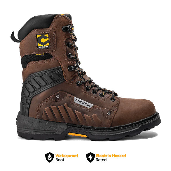Brown Chinook® Scorpion 9-inch plain toe waterproof work boot with sturdy leather construction and slip-resistant sole.