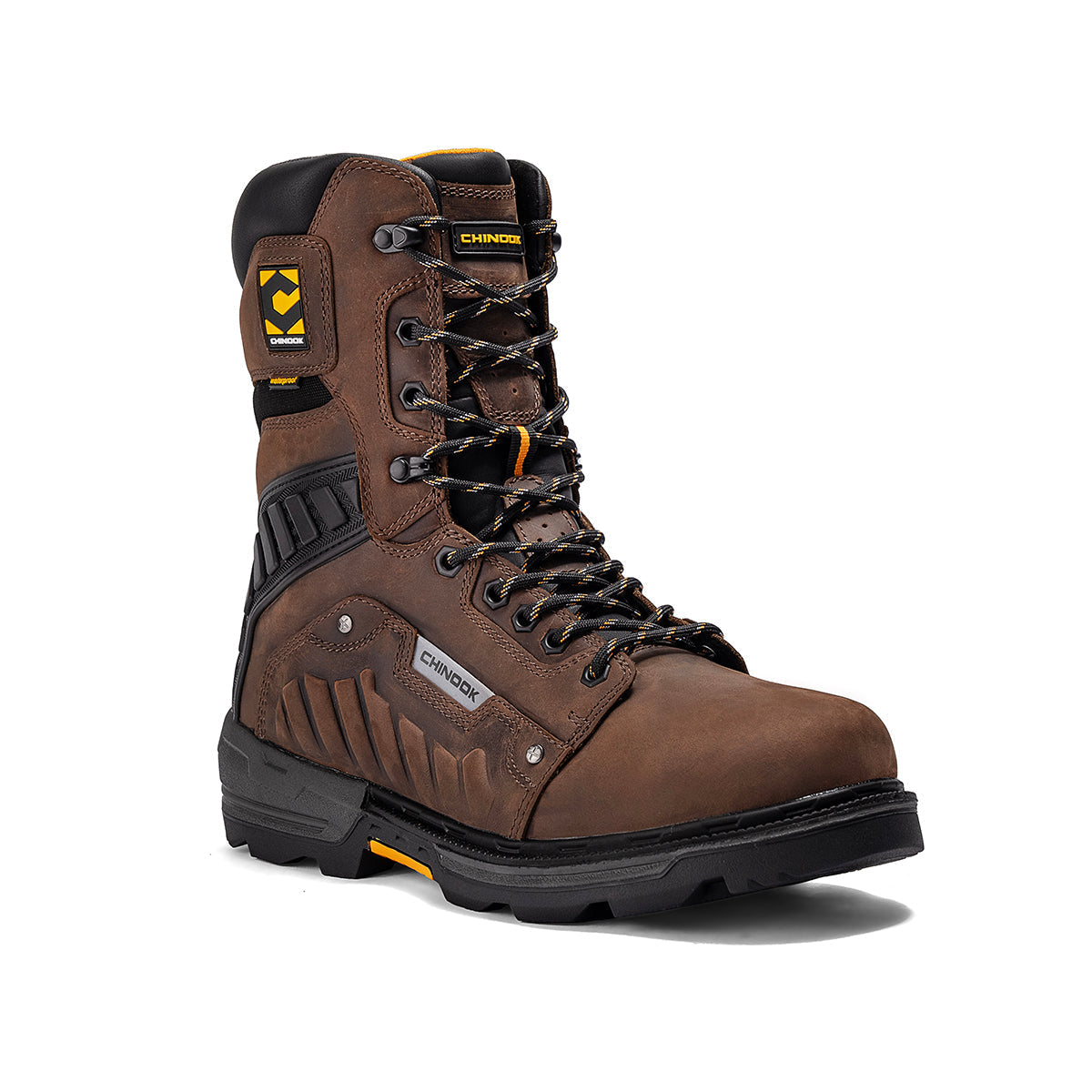 Brown Chinook Scorpion 9-inch plain toe waterproof work boot with sturdy leather construction and slip-resistant sole.