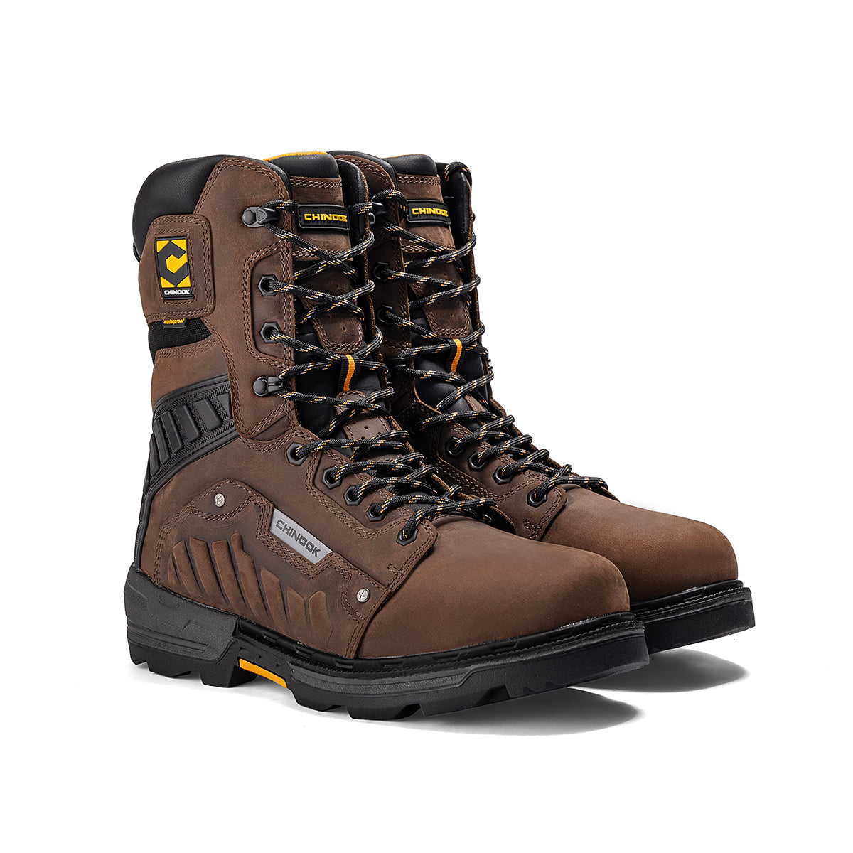 Brown Chinook Scorpion 9-inch plain toe waterproof work boot with sturdy leather upper and slip-resistant sole.