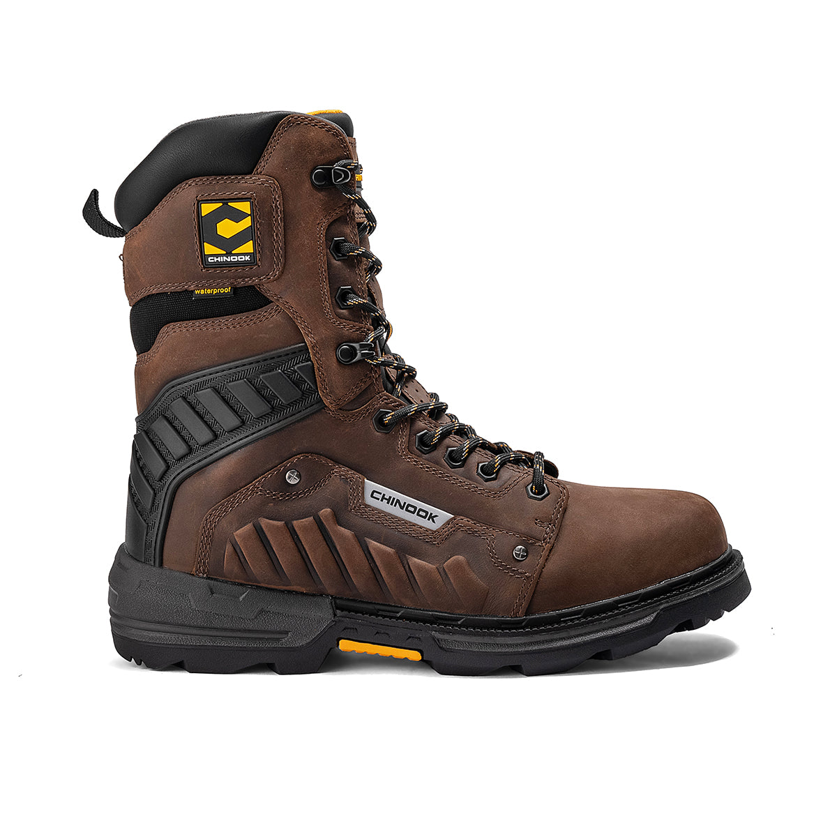 Brown Chinook Scorpion 9-inch plain toe waterproof work boot with sturdy leather upper and slip-resistant tread.