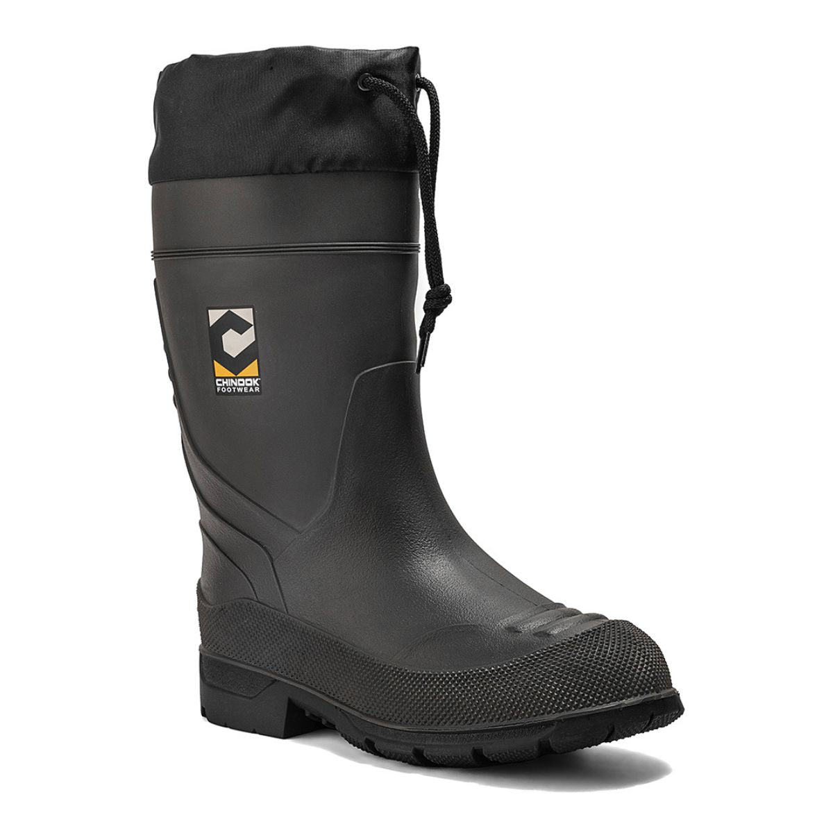 Chinook® Badaxe Regrind 15-inch waterproof rubber boot in black with sturdy sole, designed for wet and rugged conditions.