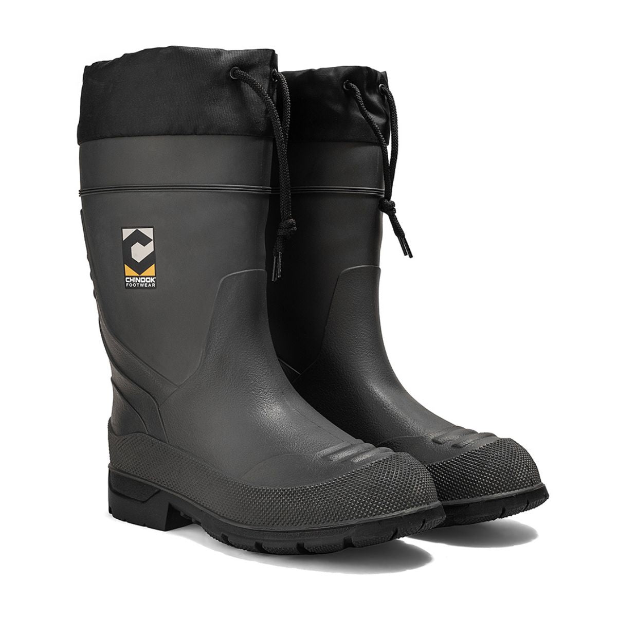 Chinook® Badaxe Regrind 15-inch waterproof rubber boot in black, durable footwear for wet conditions with sturdy design.