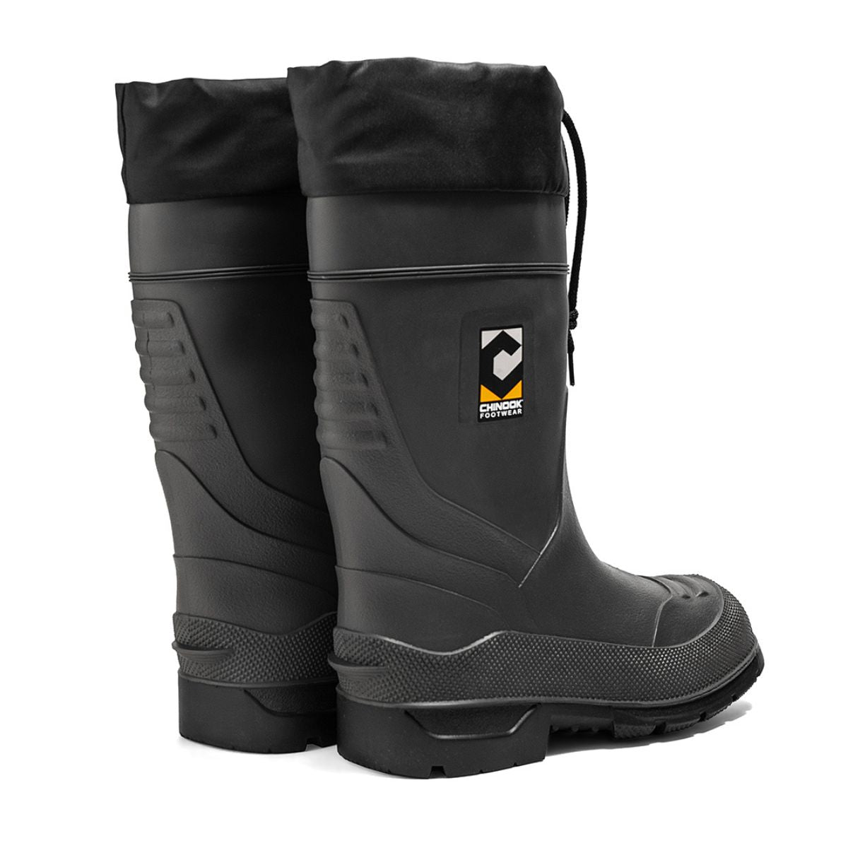 Chinook® Badaxe Regrind 15-inch black waterproof rubber boot with sturdy sole and reinforced toe for outdoor work and rain protection.
