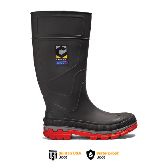 Chinook® Kickaxe 15-inch waterproof rubber boot in grey and orange, durable footwear with slip-resistant sole.