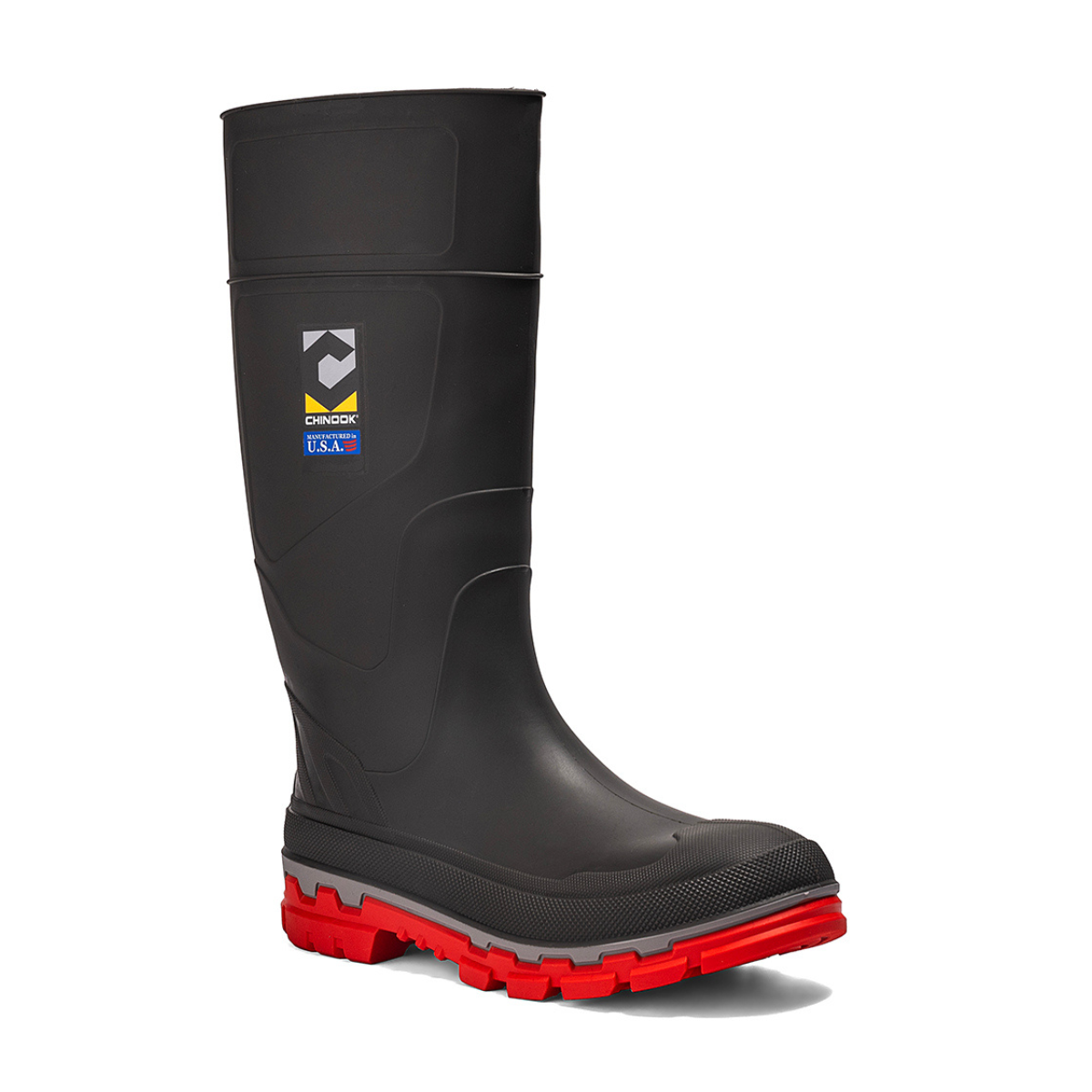 Chinook® Kickaxe 15-inch waterproof rubber boot in grey and orange, durable slip-resistant rubber footwear for outdoor work.