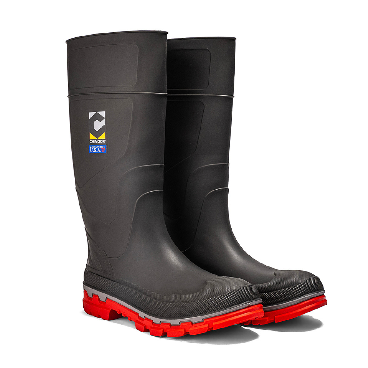 Chinook® Kickaxe 15-inch waterproof rubber boot in grey and orange, durable footwear for outdoor work and wet conditions.