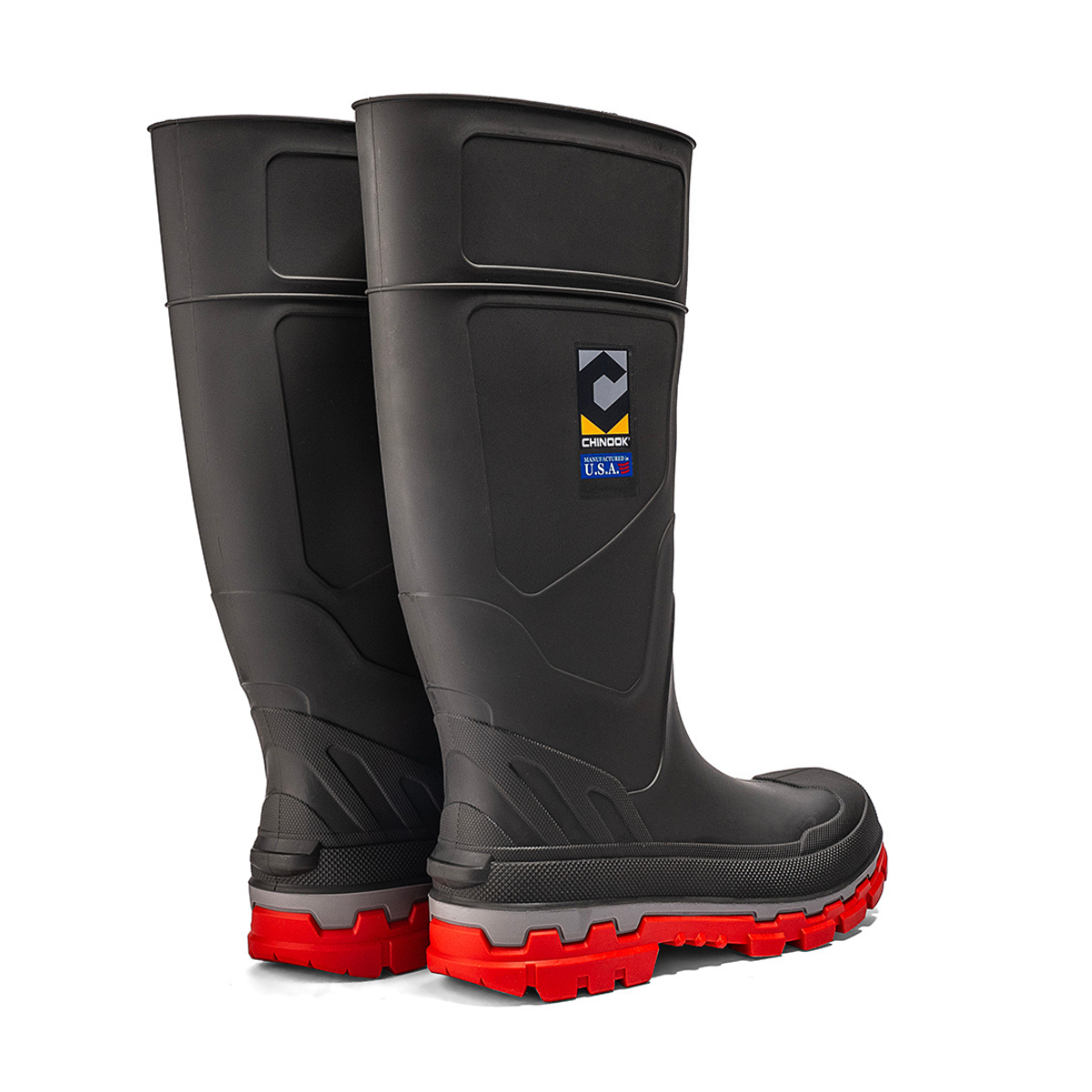 Chinook® Kickaxe 15-inch waterproof rubber boots in grey and orange with sturdy soles and waterproof design for outdoor work.