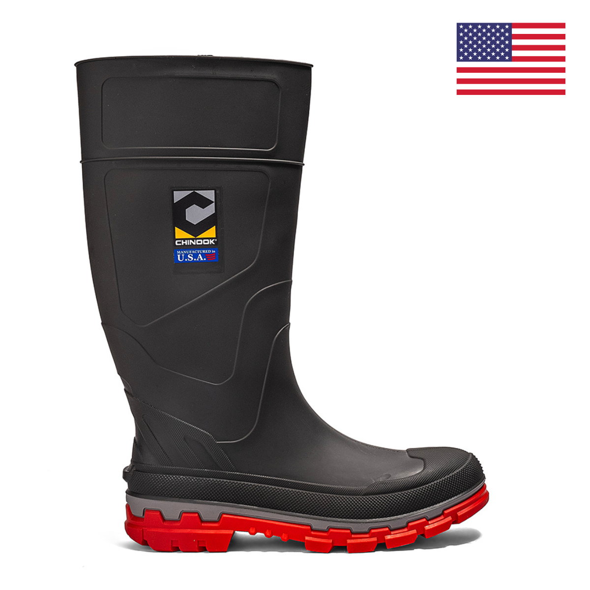 Chinook® Kickaxe 15-inch waterproof rubber boot in grey and orange, designed for durable outdoor protection.