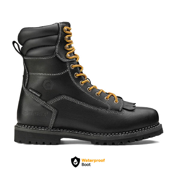 Black Chinook® Logger 8-inch men's waterproof work boot showing sturdy leather construction and rugged outsole for durable work footwear.