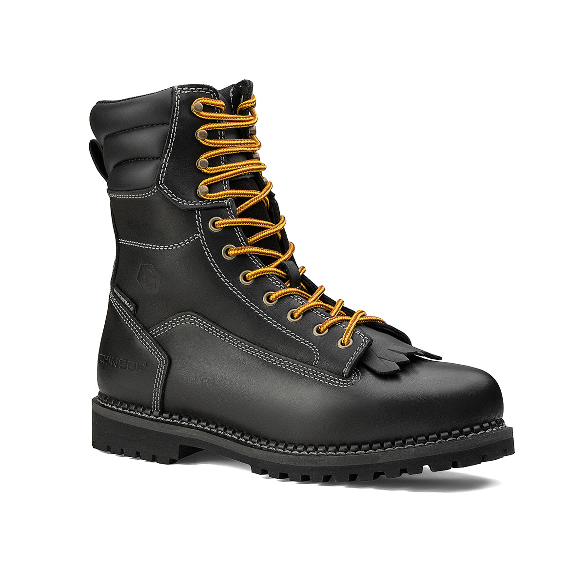 Chinook® Waterproof Logger 8-inch men's work boot in black with sturdy leather upper and rugged traction sole.