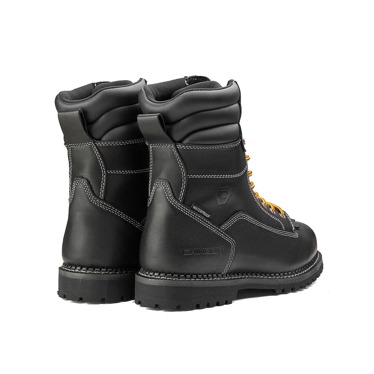 Chinook® Logger 8-inch men's waterproof black work boot with rugged leather and sturdy sole for heavy-duty work.