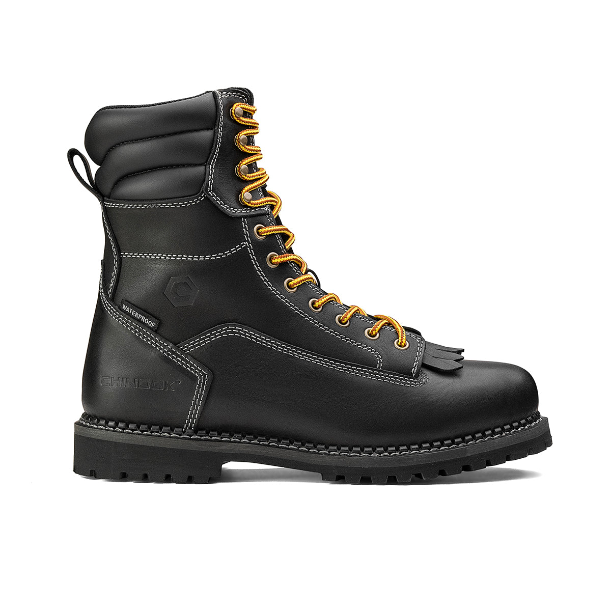 Chinook® Waterproof Logger 8-inch men's work boot in black with sturdy leather construction and rugged outsole.