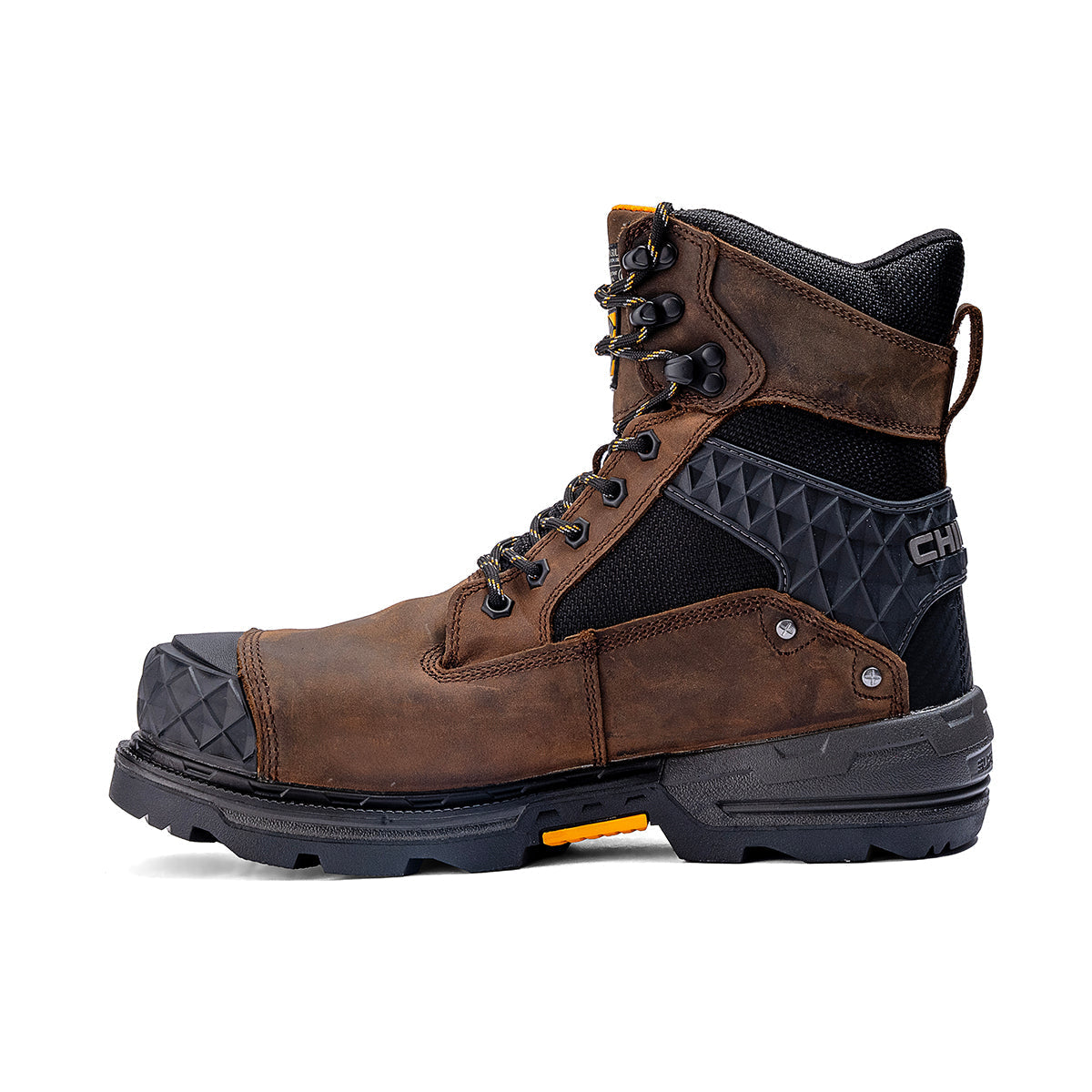 Chinook® Work Boot in brown with 8-inch insulated waterproof design, composite toe, durable sole, suitable for heavy-duty work environments.