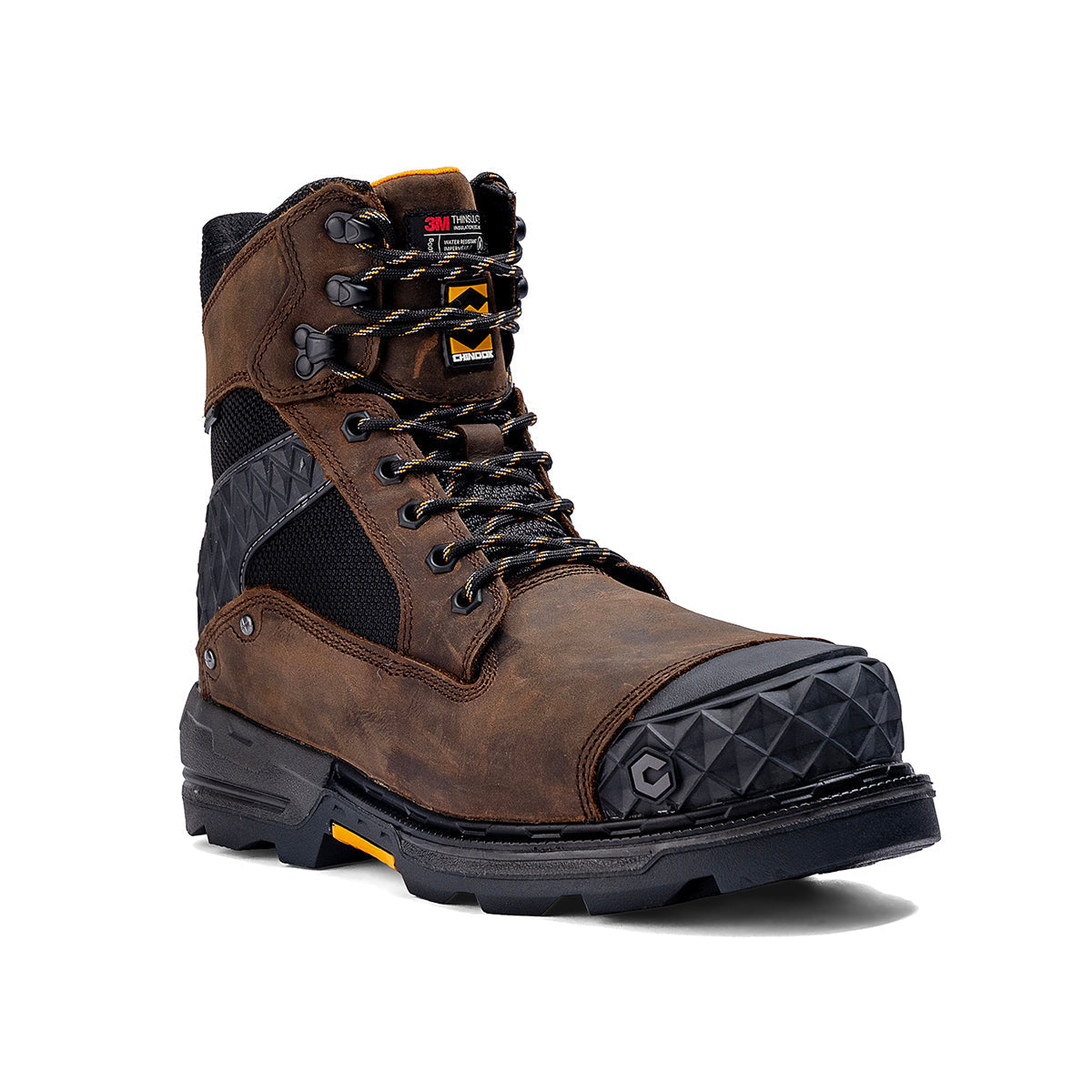 Brown Chinook® Work Boot with insulated composite toe, waterproof design, and 8-inch pallet jack sole for durable safety footwear.