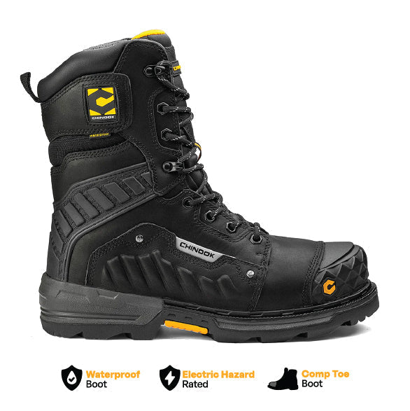 Chinook® Scorpion 9-inch black waterproof work boot with composite toe for men, sturdy and durable for tough work environments.