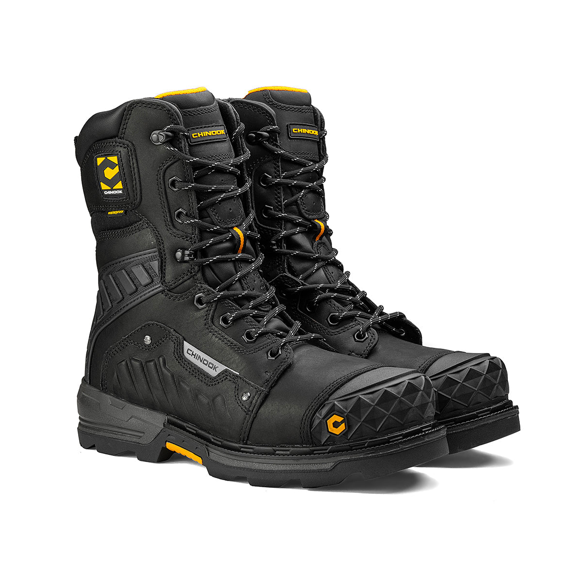 Chinook® Scorpion 9-inch black waterproof work boot with composite toe and slip-resistant sole for men.