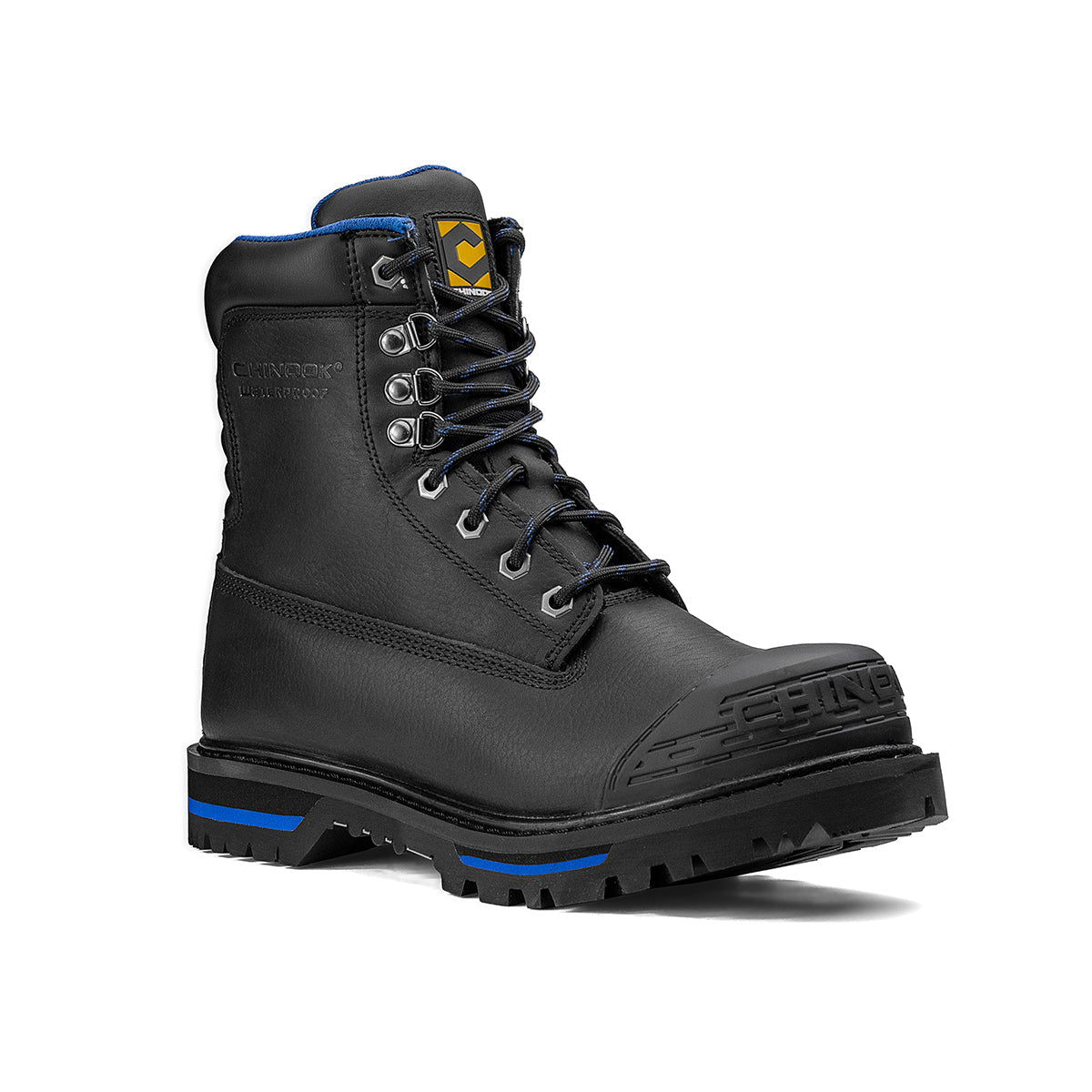 Black Tarantula 8-inch steel toe waterproof work boot by Chinook® Footwear for men, featuring durable leather and sturdy sole.
