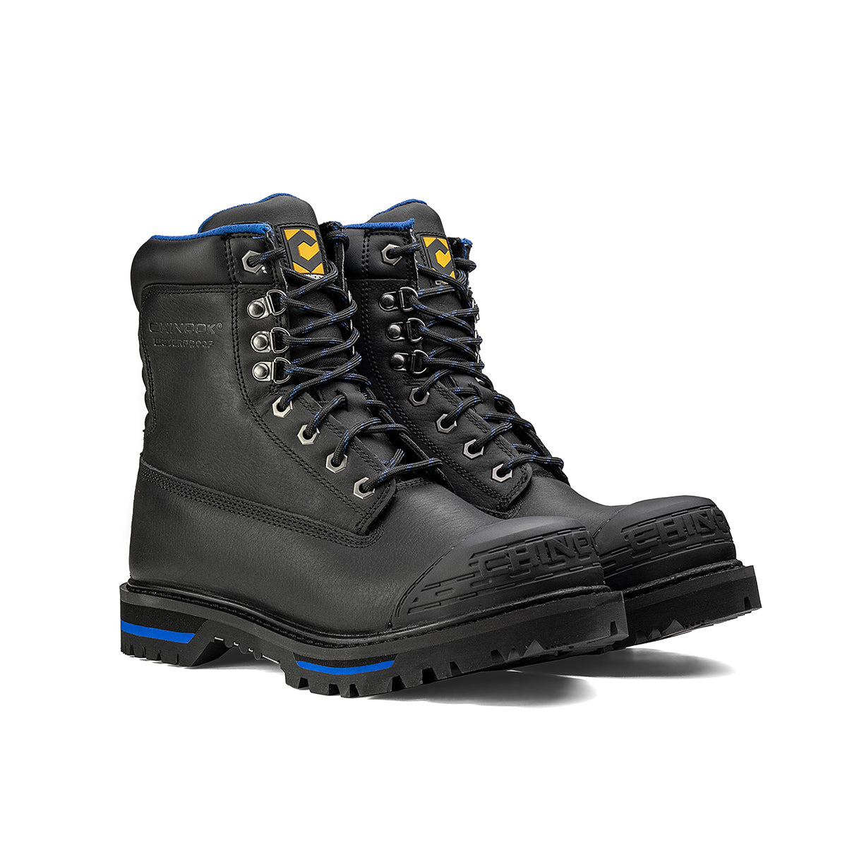 Black Chinook® Tarantula 8-inch steel toe waterproof men's work boot with durable leather and rugged outsole.