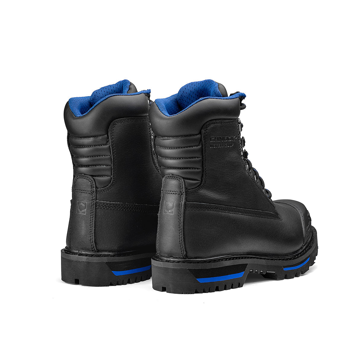 Black Tarantula 8-inch steel toe waterproof work boot for men by Chinook® Footwear, featuring durable leather and rugged design.