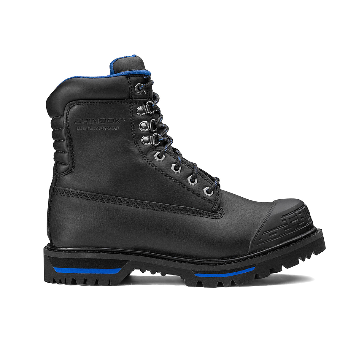 Black Chinook® Tarantula 8-inch steel toe waterproof work boot for men, featuring sturdy leather construction and rugged design.