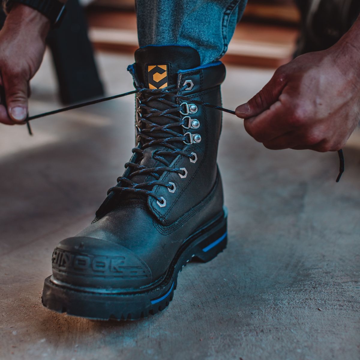 Black Chinook® Tarantula 8-inch steel toe waterproof work boot for men with sturdy leather construction and slip-resistant sole.