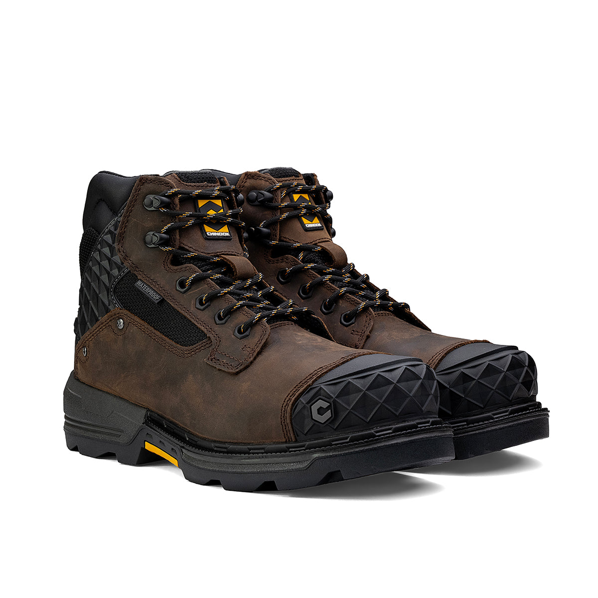 Chinook® waterproof brown work boot with 6-inch pallet jack composite toe, slip-resistant sole, and durable waterproof leather.